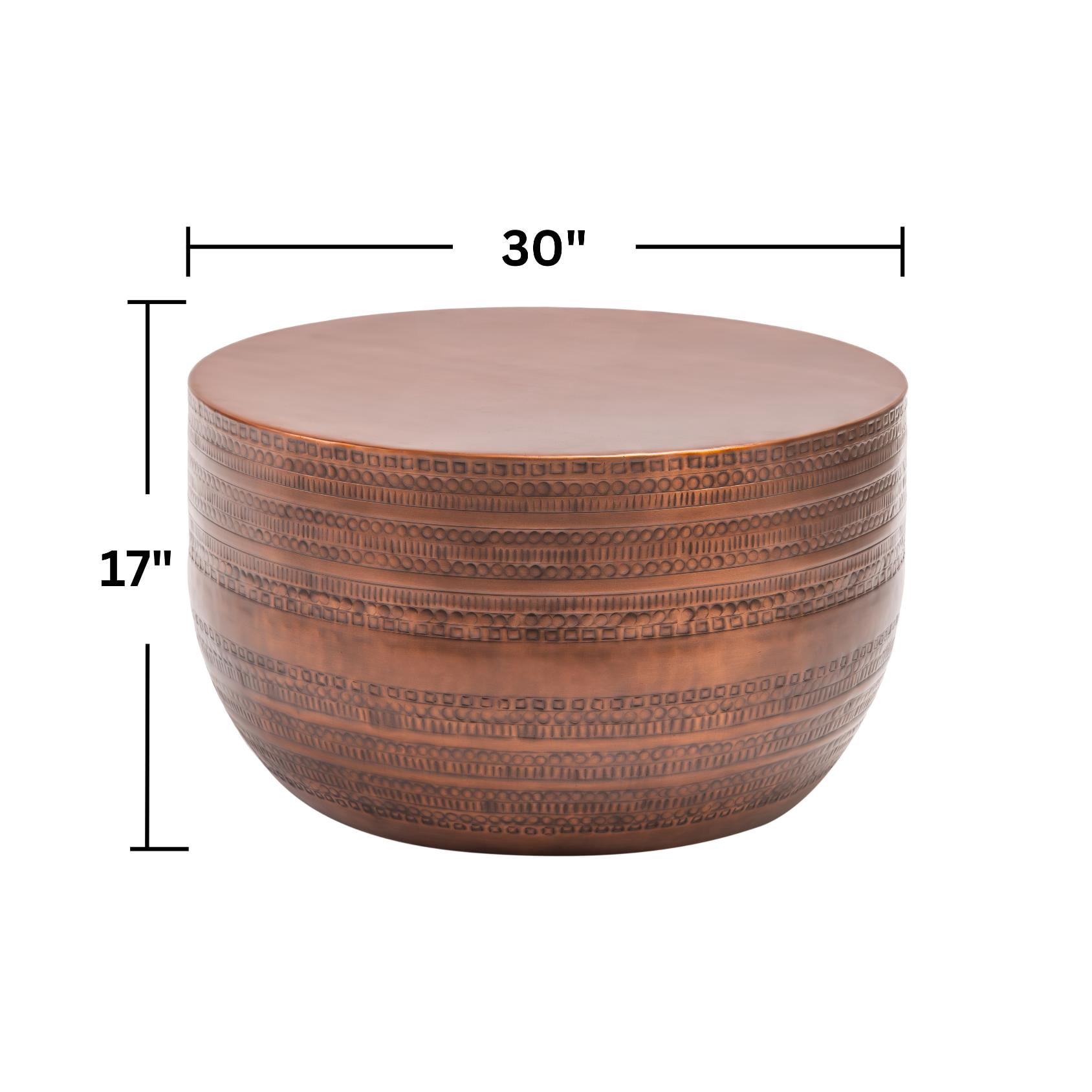 Modern Round Aluminum Hammered Embossed Texturing Metal Drum Coffee Table, Hand-Stamped Iron, Boho Accent Cylinder Drum Coffee Table, Cocktail Table, Copper