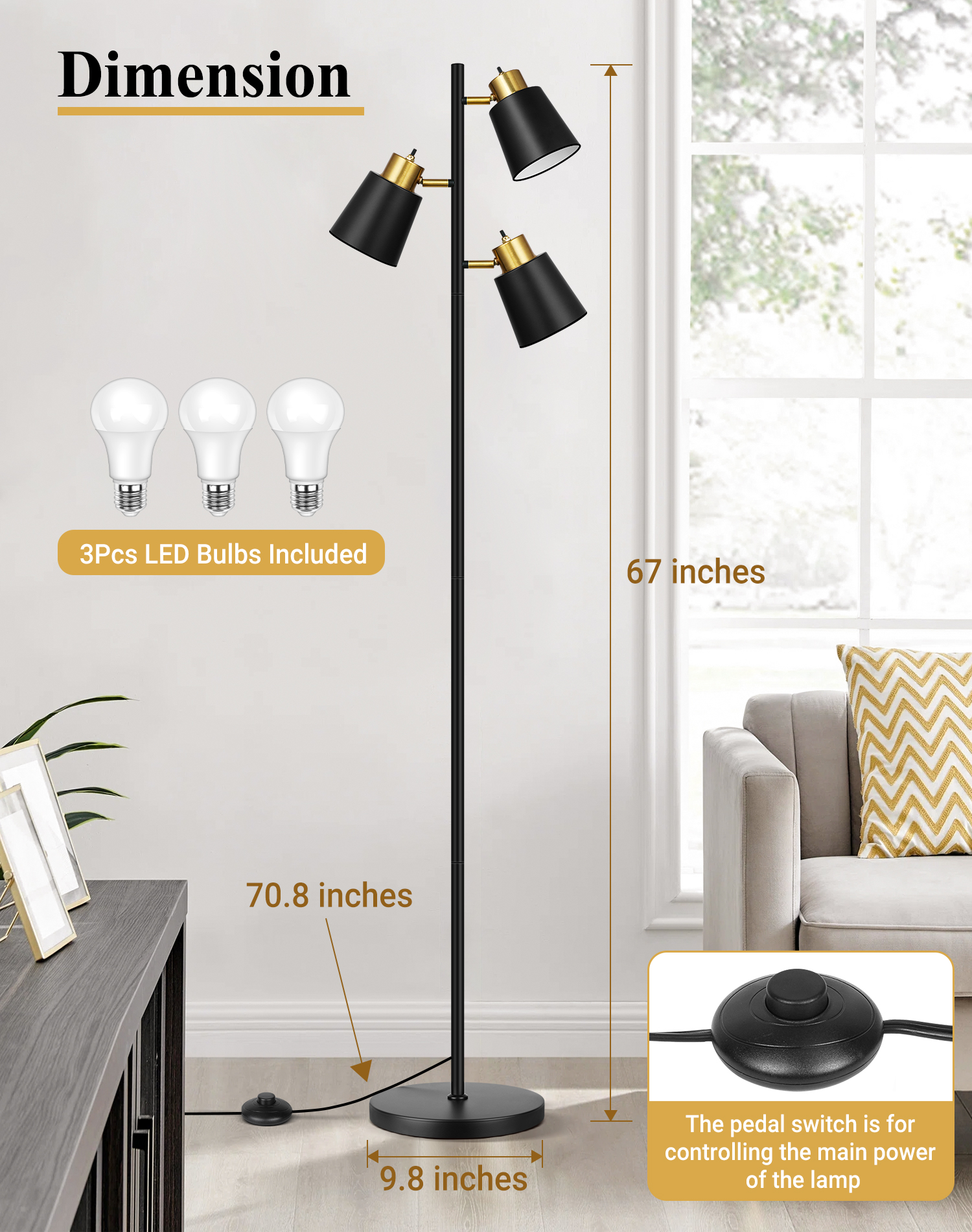 67" Tree Floor Lamps for Living Room, Modern Standing Floor Lamp for Bedroom Study Office Decor, 3 Rotatable Light Heads,Bulbs Included