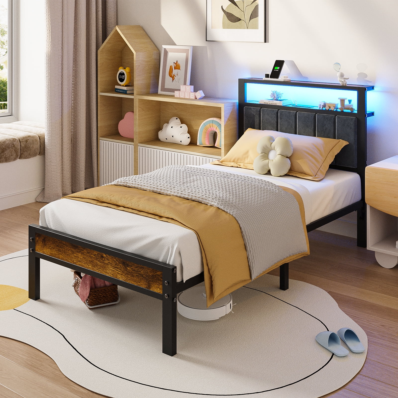 Kbun Twin Bed Frame with LED Lights & Charging Station, Metal Platform Bed Frame with 2-Tier Storage Headboard, Under Bed Storage Space, No Box Spring Needed, Noise Free