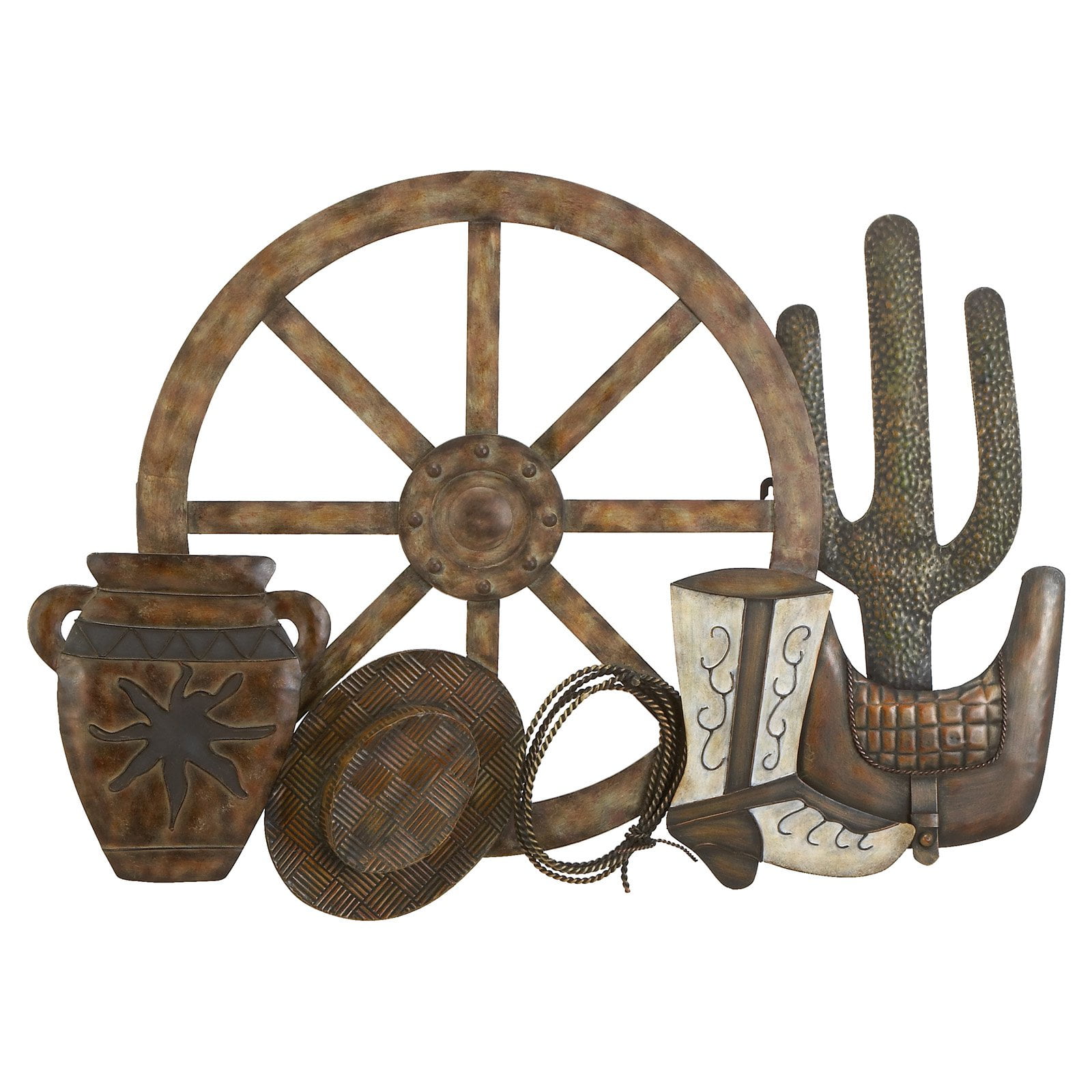 DecMode Wagon Wheel, Cactus, Saddle, Boot, Lasso, Hat and Urn Montage