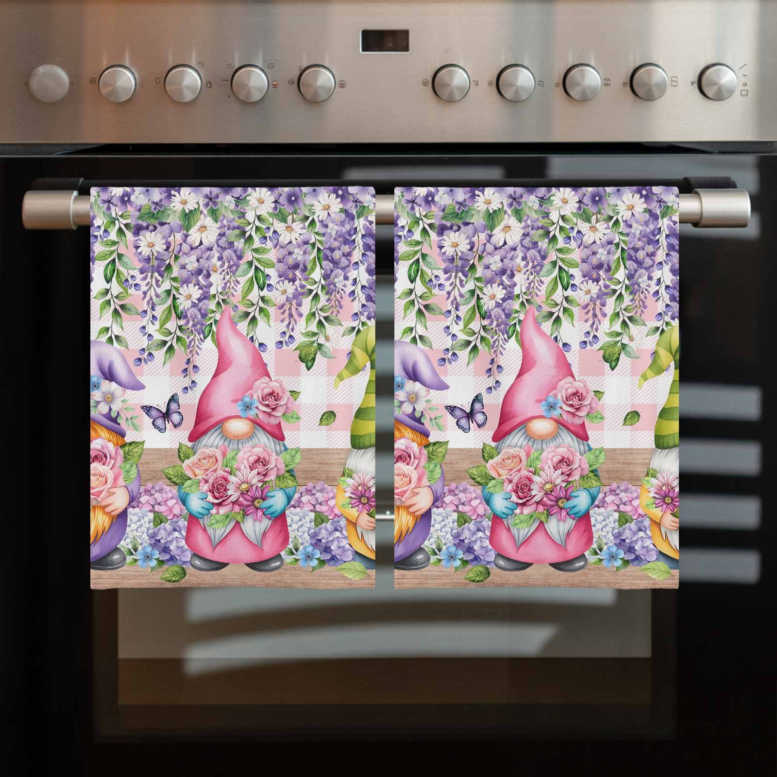 Blue Purple Gnomes Kitchen Towels Set of 3, Water Absorbent Dish Towel, Spring Hydrangea Flower Leaf Pink Plaid Decorative Hand Towels - Quick Drying Cloth for Cooking Baking, 18x28 Inch