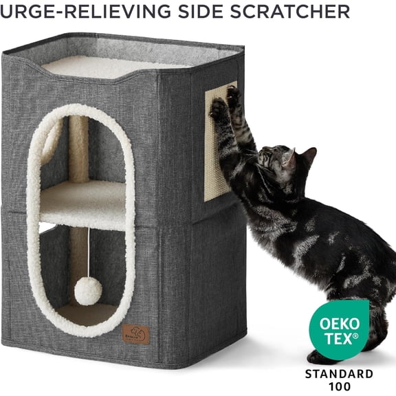 2 Story Cat House - Cat Condos for Indoor Cats with Scratch Pad and Fluffy Ball Hanging, Small Pet Cave Furniture Hideaway for Multi Pets, 18x14x23 inches, Dark Grey