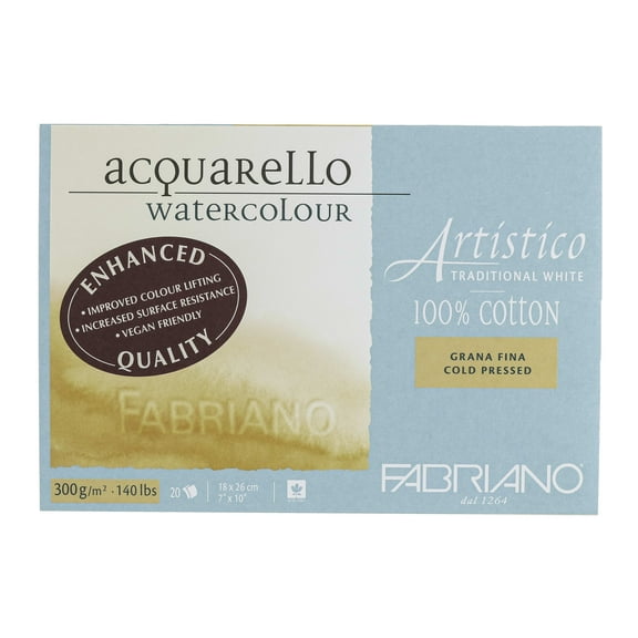 Fabriano Artistico Traditional White Watercolor Block, 140 lb./300 gsm, Cold Press, 20 Sheets, 7" x 10"