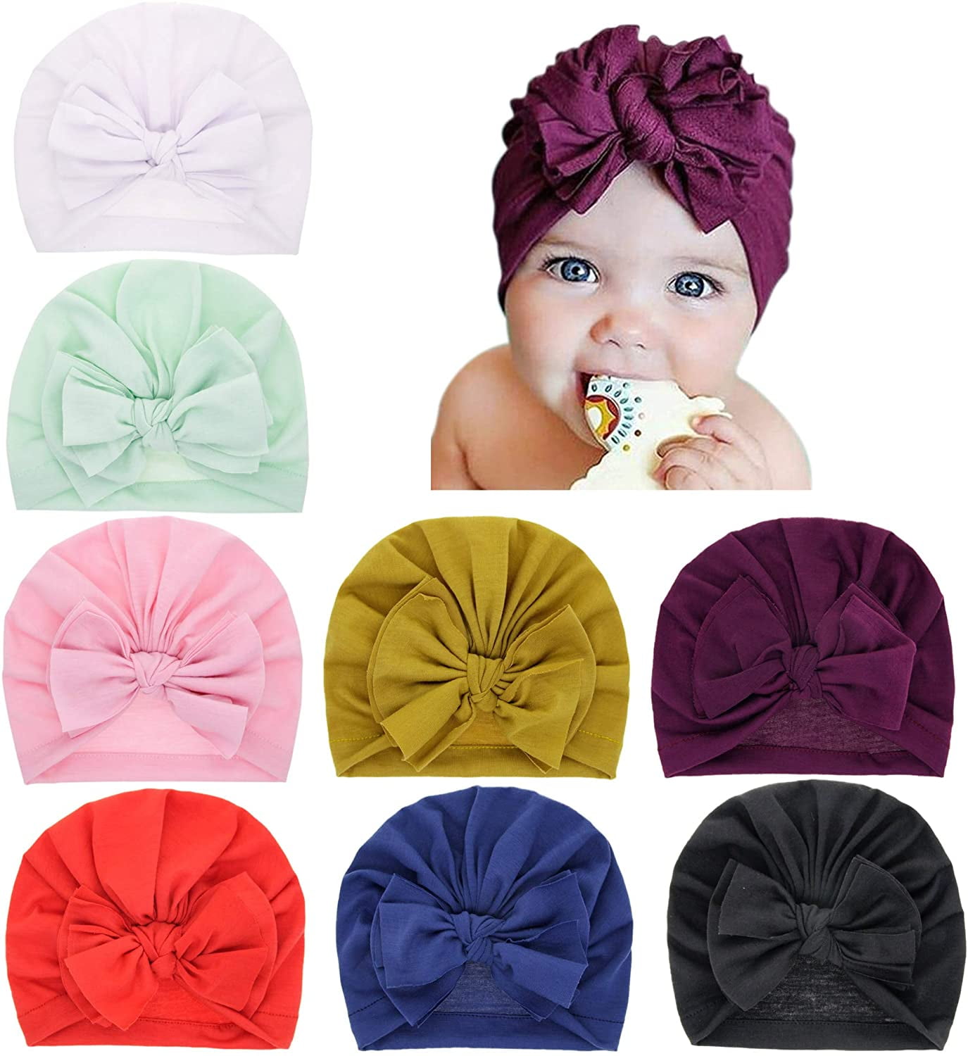 8 Pack Nursery Turban Hat Cap Beanie with Knot Bow for Newborns