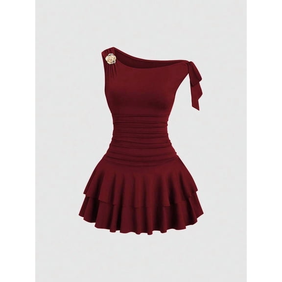 Women's Asymmetrical One Shoulder Mini Dress Ruched Bodycon Tiered Ruffle Hem Party