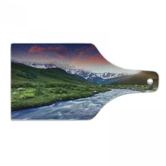 East Cutting Board, Colorful Overcast Sky Skirts Mt. Shkhara Svaneti Georgia Caucasus Mountains, Tempered Glass Cutting and Serving Board, Wine Bottle Shape, Fern Green Pale Blue, by Ambesonne