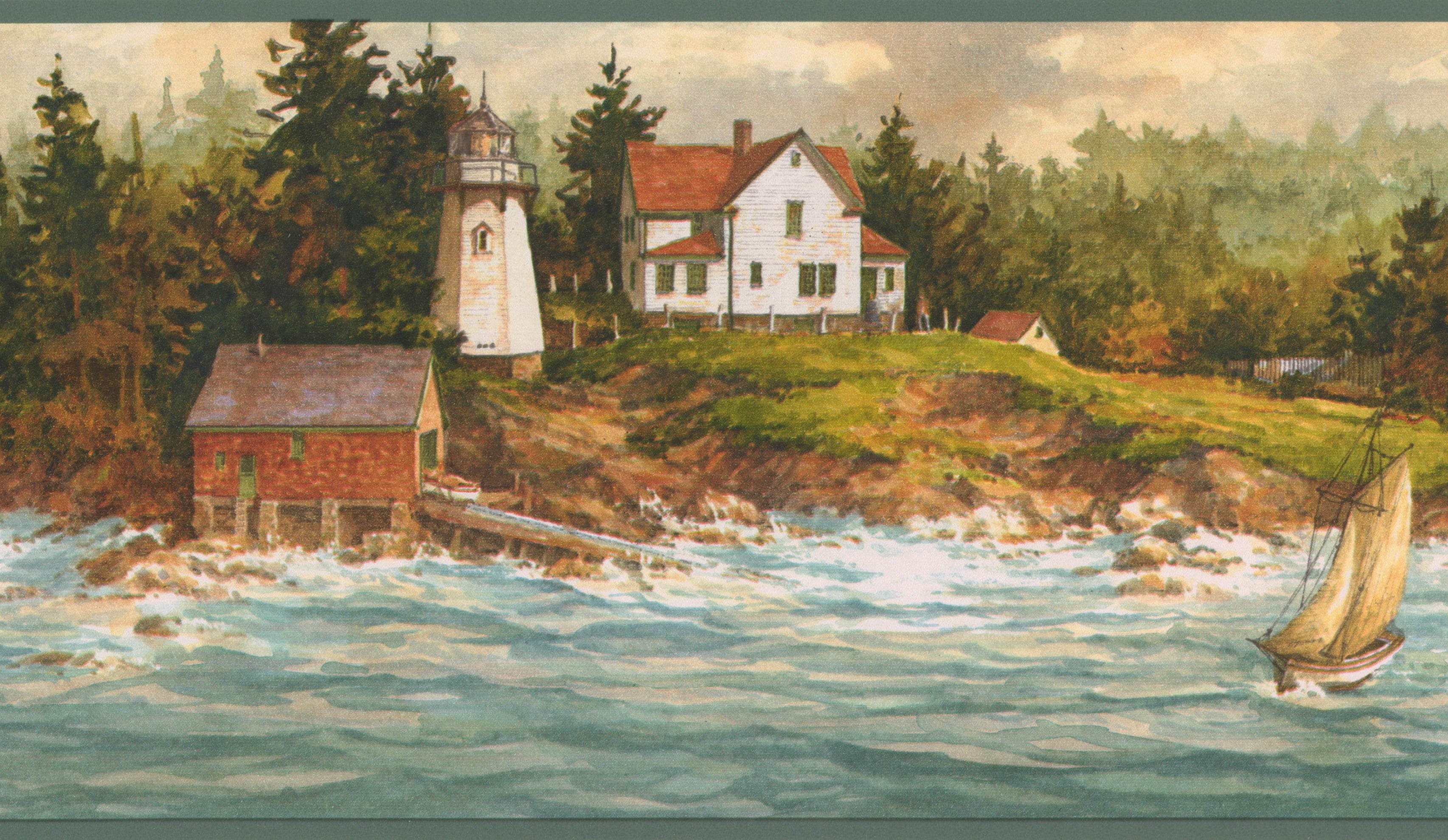Wallpaper Border - Blue Waves Boat Lighthouse Village Forest Nature Vintage Wall Border Retro ...