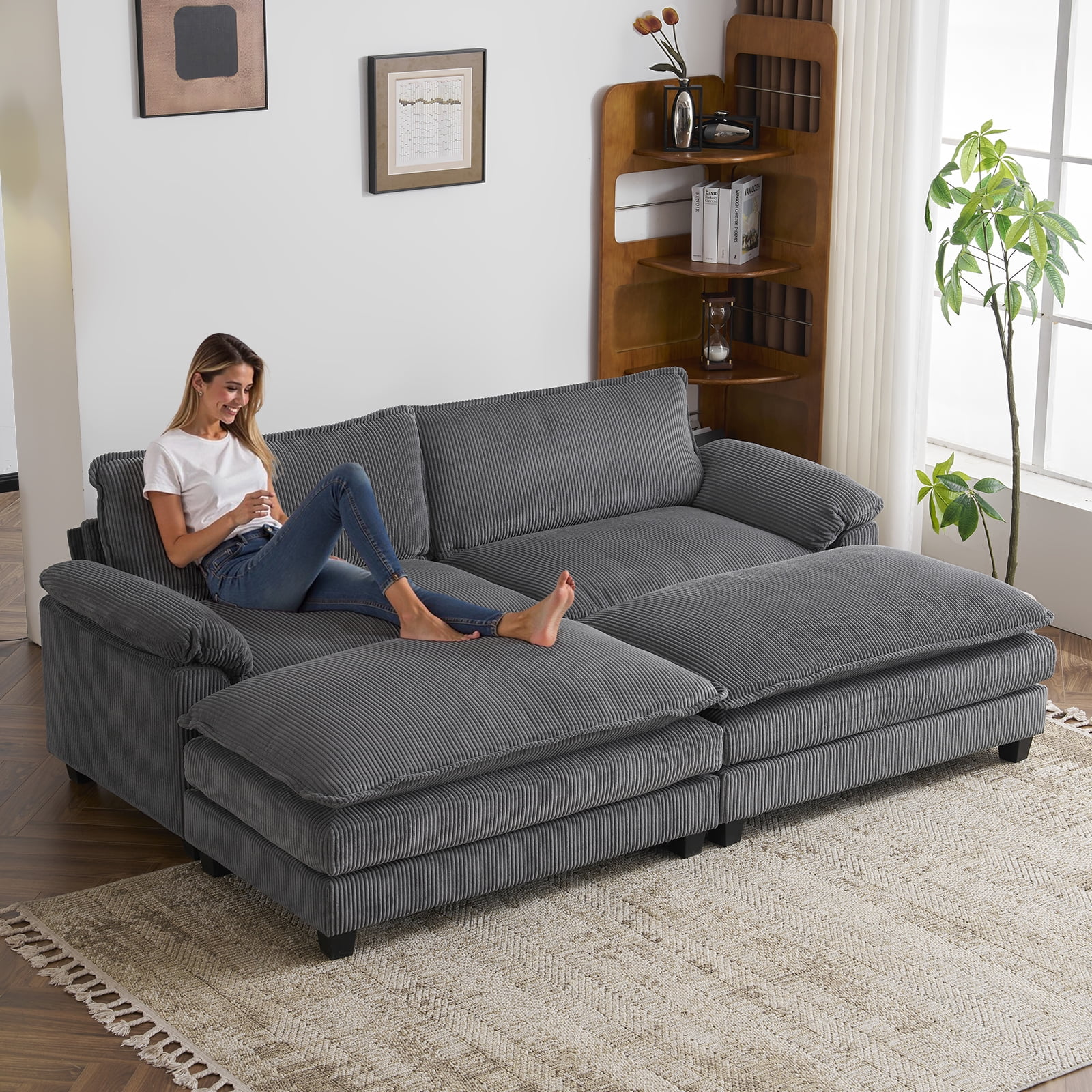 Zimtown 90“ Sofa Bed Couch with Pillow Arms and Double Layer Cushions, Corduroy Loveseat Sofa with Removable Ottoman for Living Room, Gray