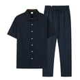 thumbnail image 2 of Styesk Tenues pour Hommes Ensemble 2 Pcs Été Mode Décontractée Couleur Unie Manches Courtes Col à Revers Cordon Élastique Taille, 2 of 8