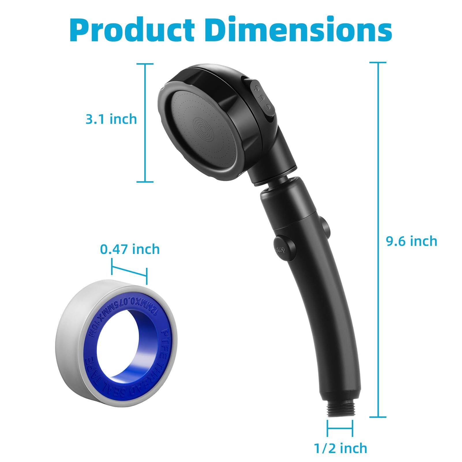High Pressure Shower Head, 3-Settings Handheld Showerhead with ON/Off Full Shutoff Push Button and Switch to Control Flow, Angle-Adjustable Water Saving Body Sprays