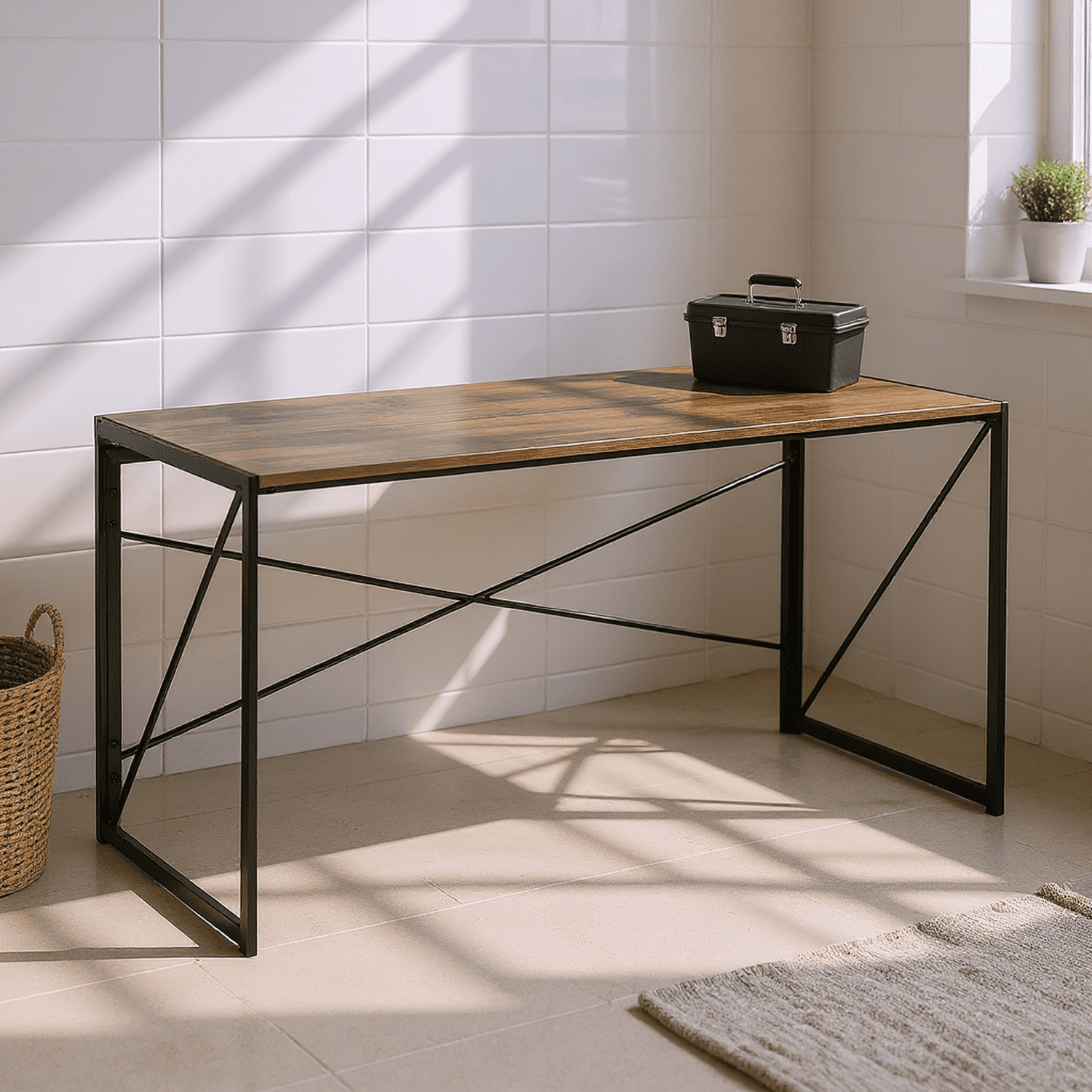 Homy Casa 55″ Folding Craft and Work Table, Industrial Wood Desk for Home Office, Sewing, DIY, Brown