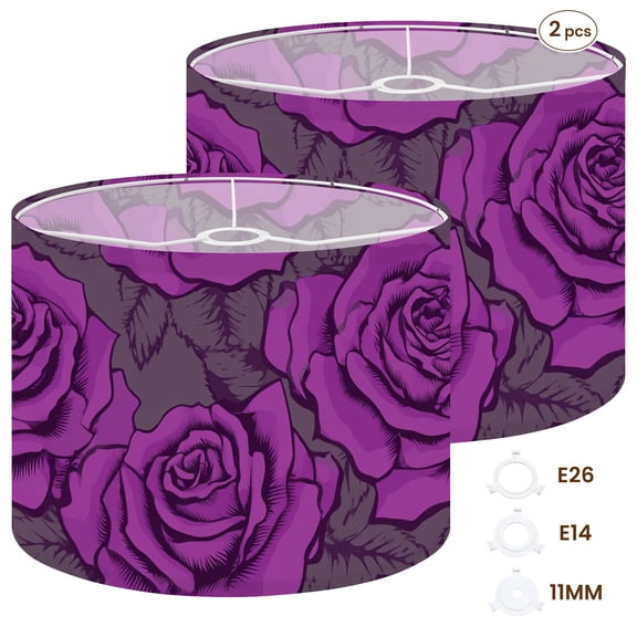 2pcs Set Drum Lampshades (13"x 13"x 10"), Purple Rose Floral Detailed Lines Leaves Fabric Large Replacement Shades for Table, Floor, and Pendant Lamps, Simple Assembly Needed.