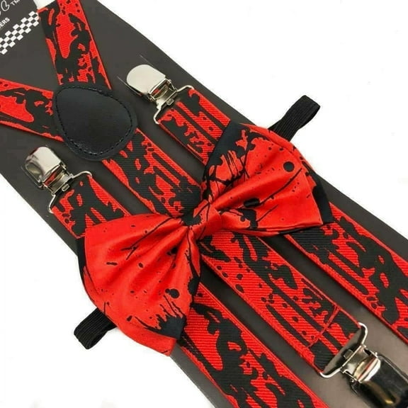 Adult BLOOD SPLATTER Red Black Print Suspender and Bow Tie Set Adjustable - New with box/tags