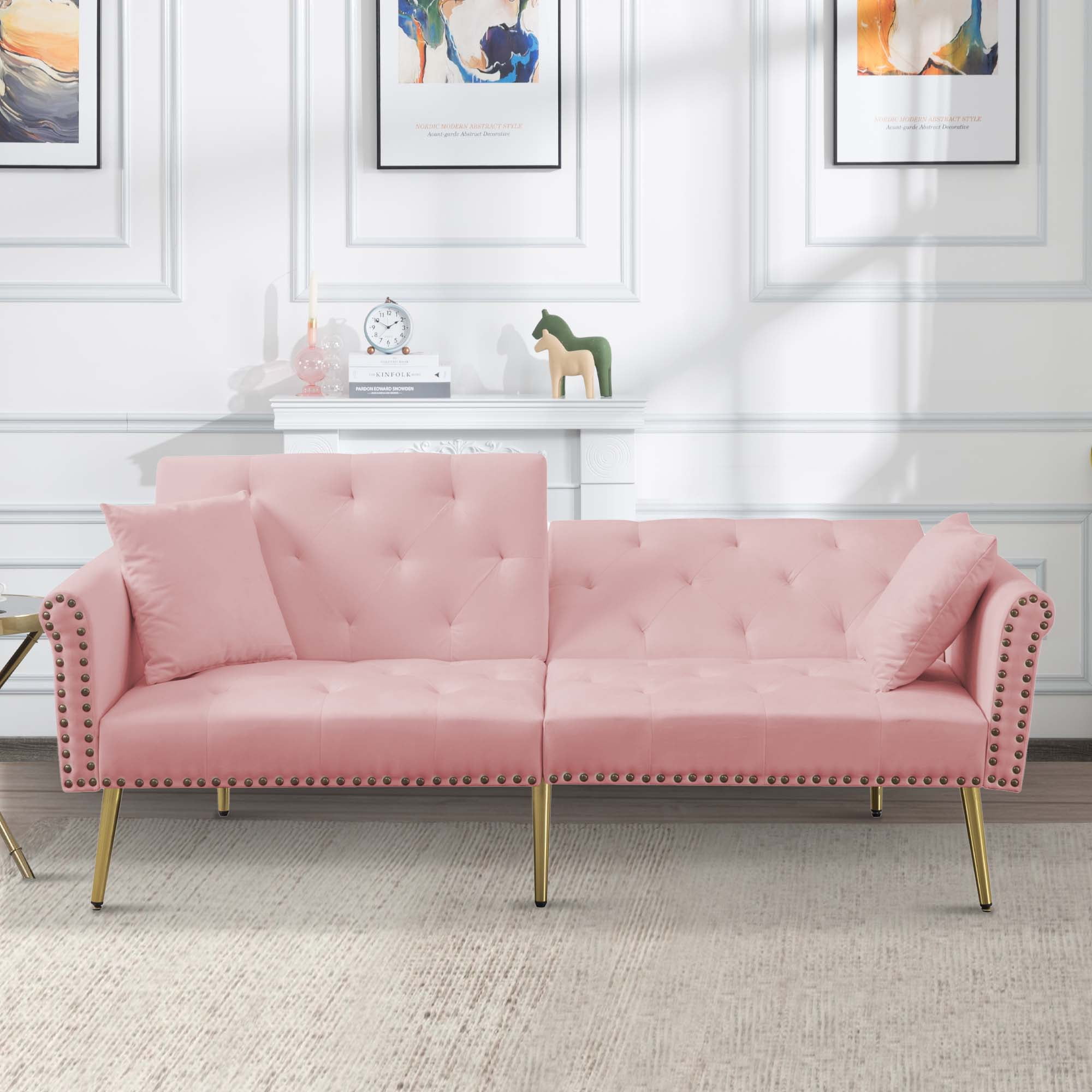 Aukfa Velvet Futon Convertible Sofa for Home Office, Nailhead Decor, 2 Pillows, Pink