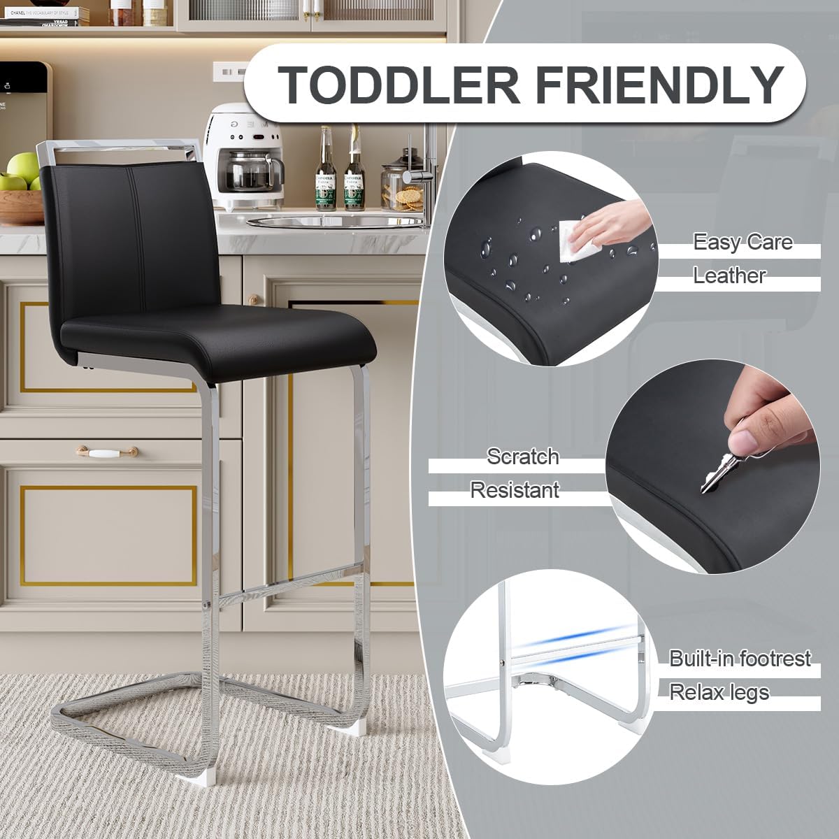 Lecut 30" Counter Height Bar Stools Set of 2, Modern Upholstered PU Leather Bar Stools with Back and Silver Chrome Plated Metal Frame, Armless Bar Chairs for Kitchen Island (Black+Silver)