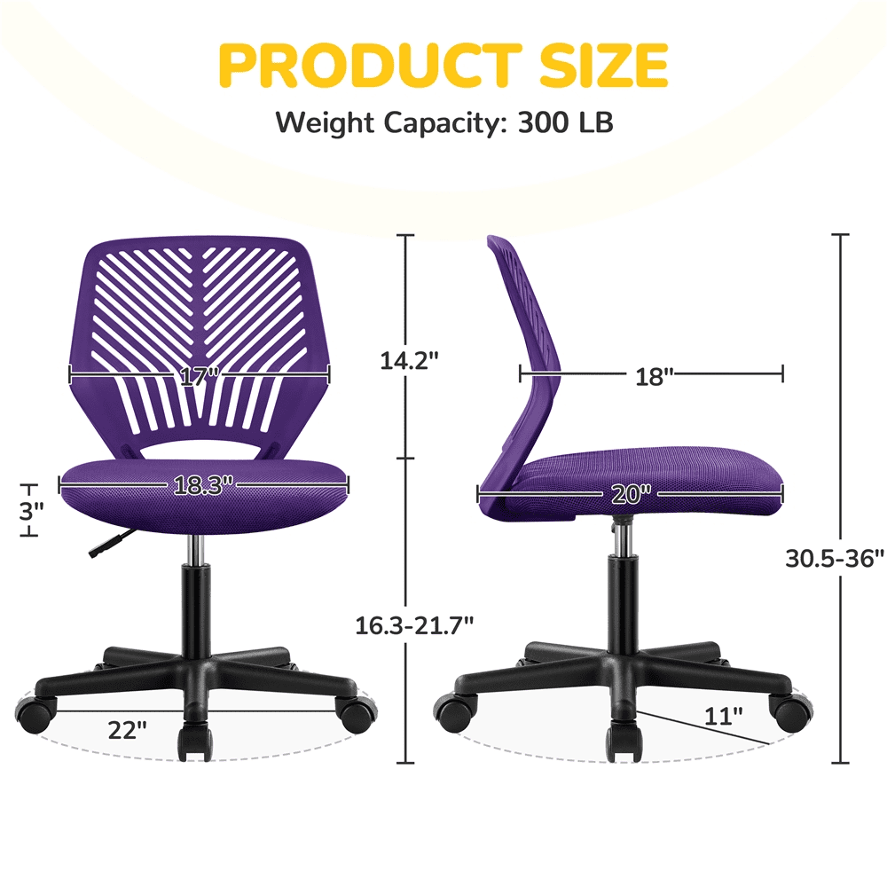 Alden Design Adjustable Armless Mid Back Office Chair, Purple