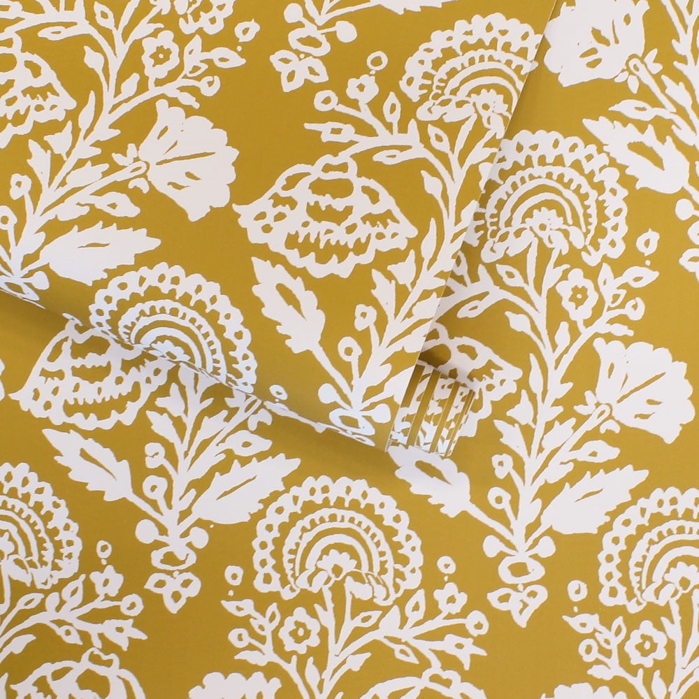 Tempaper Floral Damask Ochre Peel and Stick Wallpaper, 20.5" x 16.5'