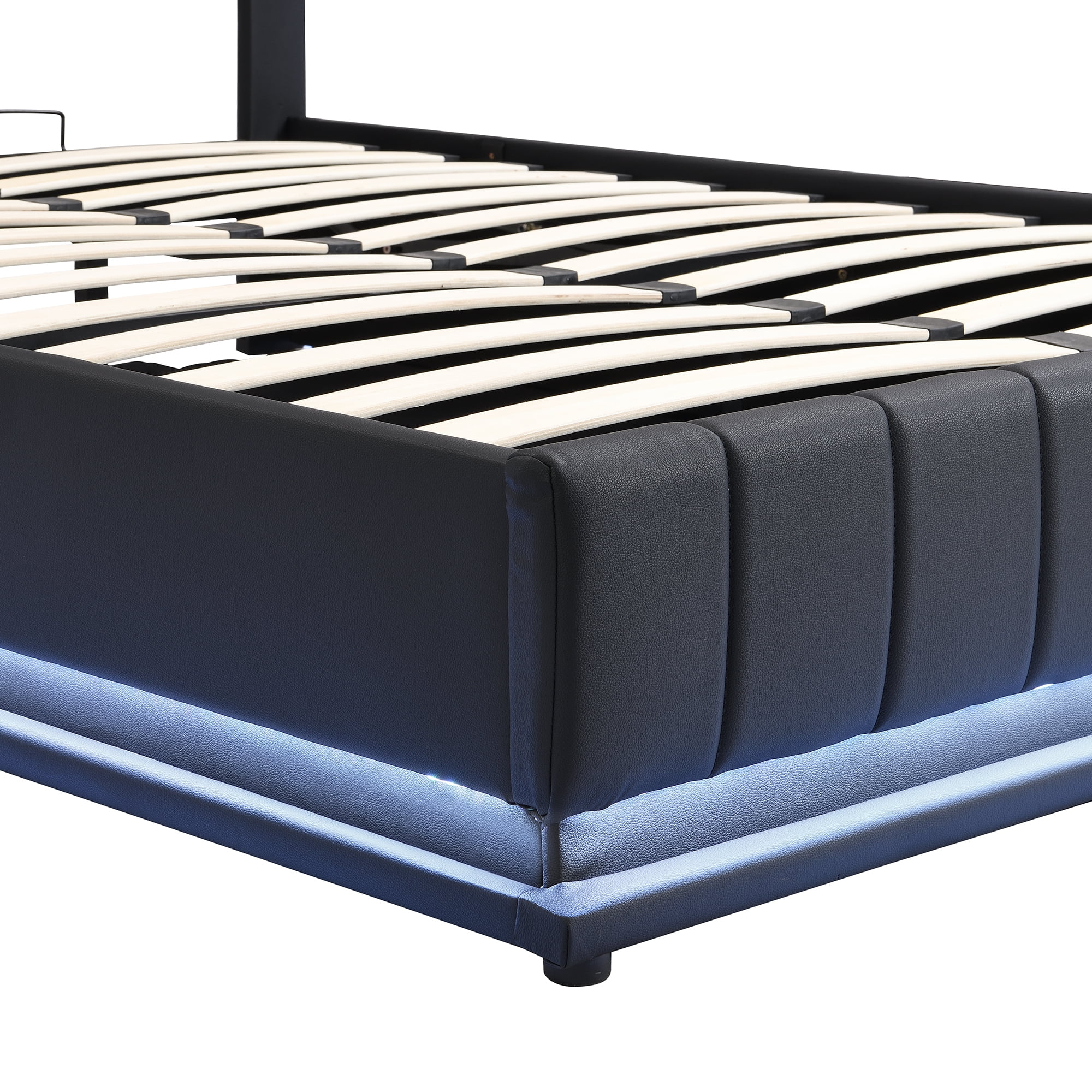 Euroco Full Size Lift up Storage Bed Frame, Modern Upholstered Platform Bed with Wingback Headboard, Hydraulic Underneath Storage with LED Light for Kids Teens, Black
