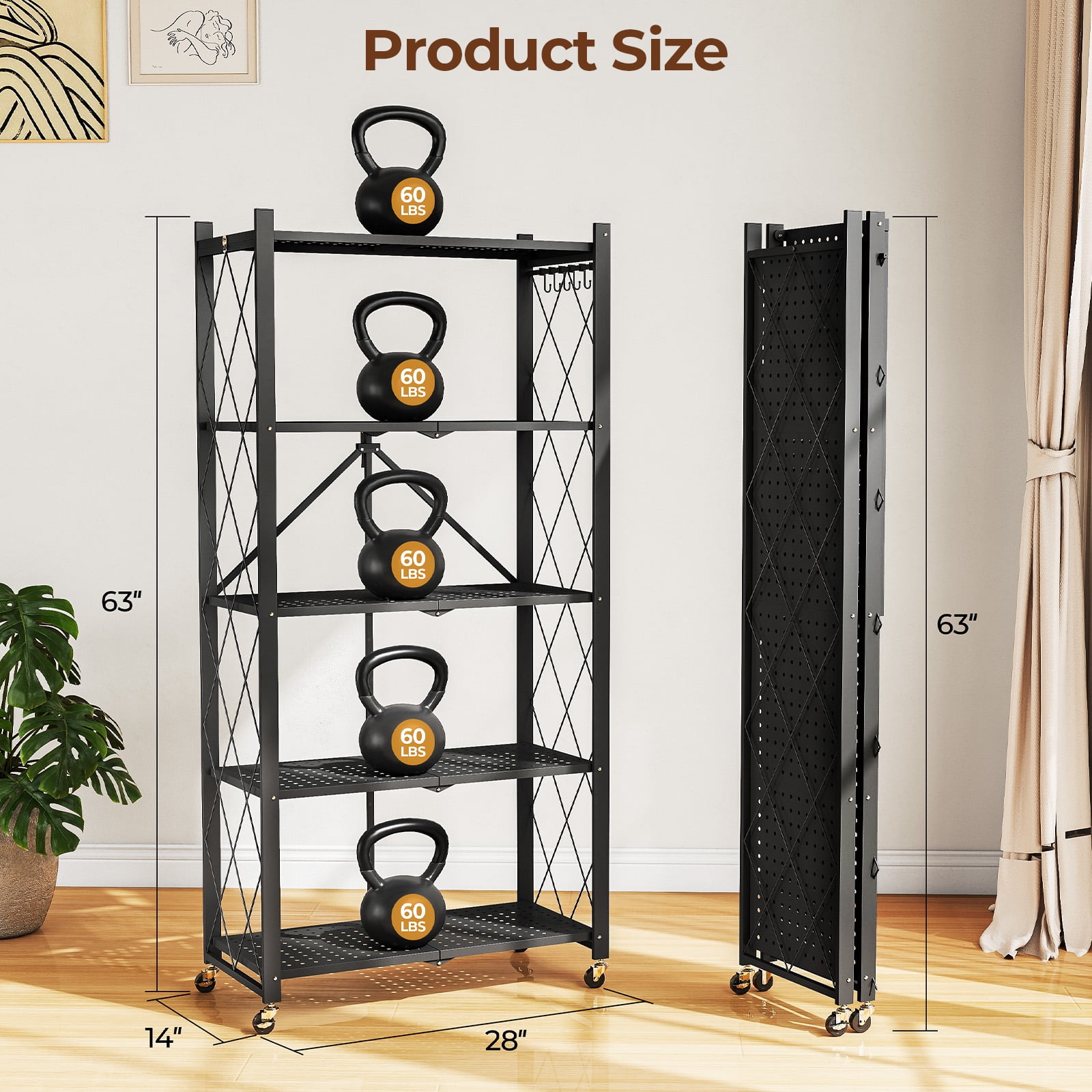 Vebreda 5-Tier Foldable Metal Storage Shelf with Wheels, No-Assembly Collapsible Shelving Unit, Heavy-Duty Rolling Organizer Rack