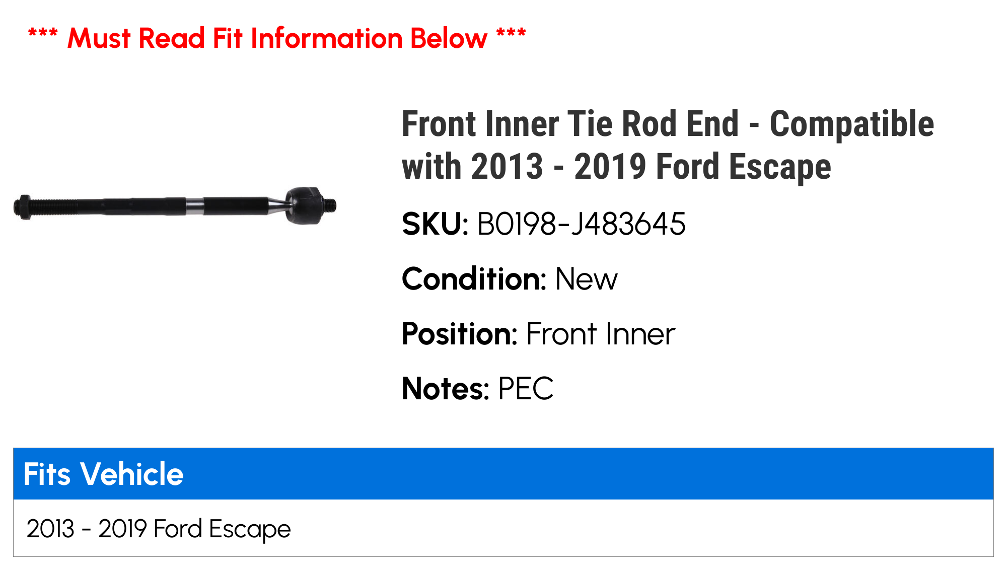 JPN Inner Tie Rod End For Ford Escape 2013-2019 – Front Left/Right, Lifetime Warranty