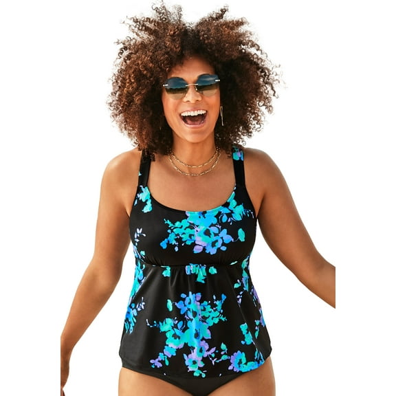 Swimsuits For All Women's Plus Size A Line Relaxed Fit Flared Tankini Top with Adjustable Straps