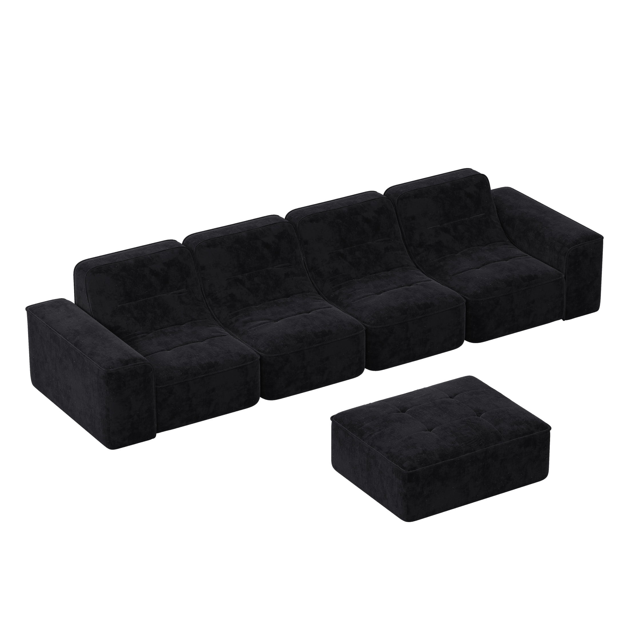 Noble House 144" Modular Sectional Sofa, Tufted Sparkling Chenille Deep Seat Couch with Ottoman, Accent Chair, Black