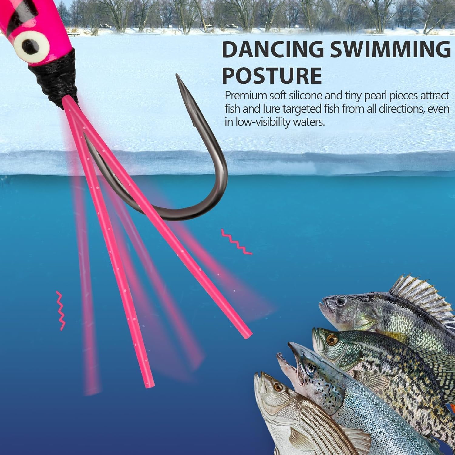 Ice Fishing Jigs, 20pcs Dancing Ice Fishing Jig Rubber Skirt Kit Winter Ice Fishing Lures Ice Fishing Lures and Jigs Walleye Ice Fishing Gear for Ice Jigging Panfish Crappie Panfish Pike, 4 Styles