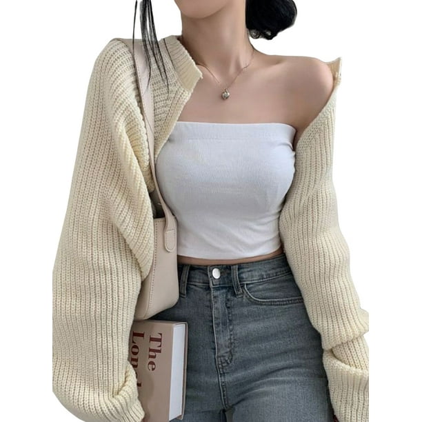 Gupgi Women Knitted Cardigan Solid Long Sleeve Cropped Tops Shrugs Open  Front Sweater 