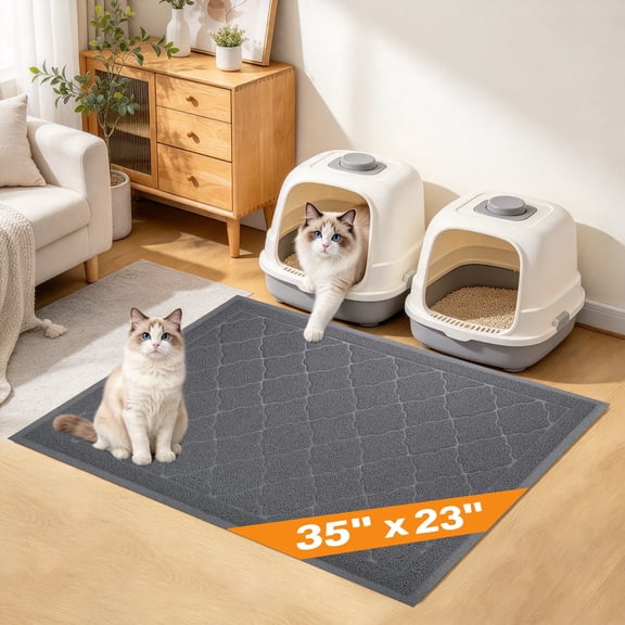 cisilov Cat Litter Mat 35'' x 23'', Cat Mat for Litter Box Non-Slip Kitty Litter Trapping Mat, Gray
