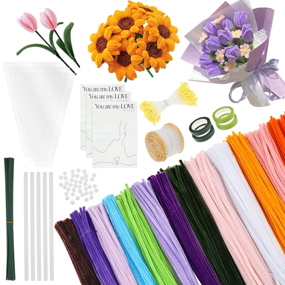 DIY Flower Craft Kit 800Pcs 13 Color Chenille Stem with 50 Stem Glue Stick Floral Tape Stamen Bead Ribbon Wrapping Paper and Tutorial Handmade Bouquet Making Supplies for Beginner