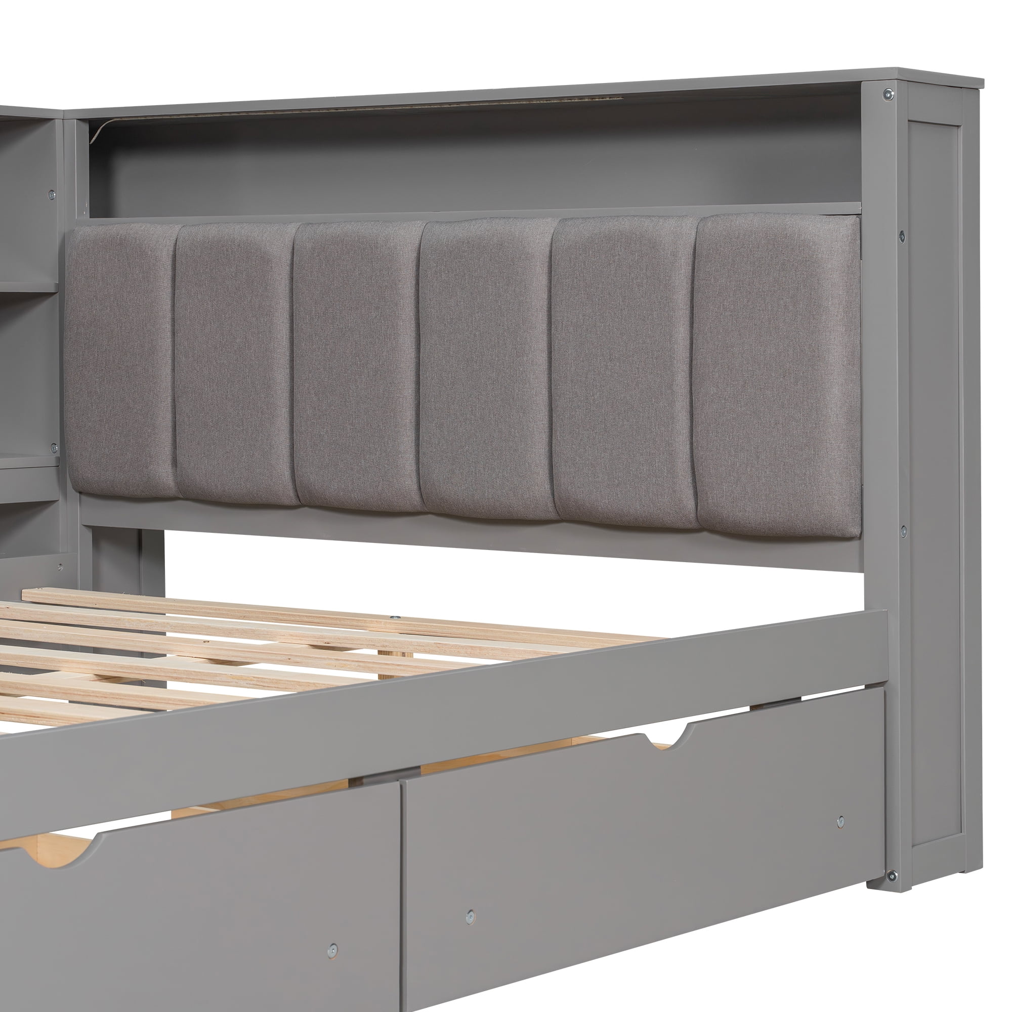 Euroco Wood Full Size Daybed with Desk and Shelves, Captain Bed with Upholstered Headboard, LED Light and USB Charging, Gray