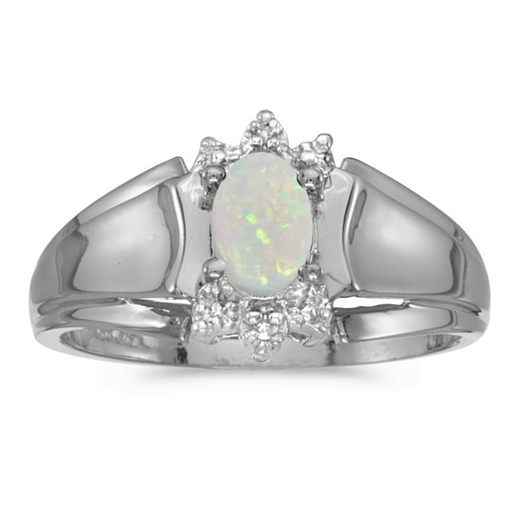 10k White Gold Oval Opal And Diamond Ring