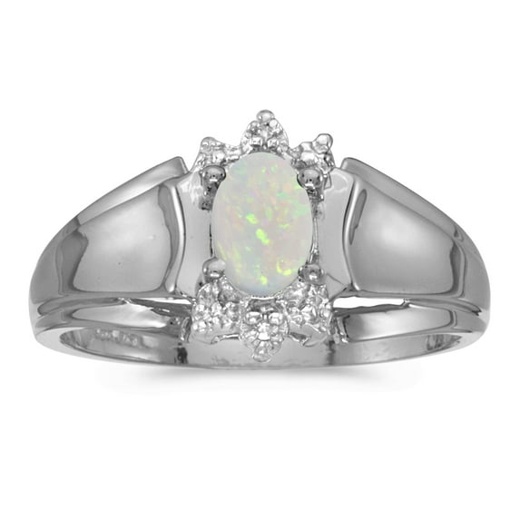 10k White Gold Oval Opal And Diamond Ring
