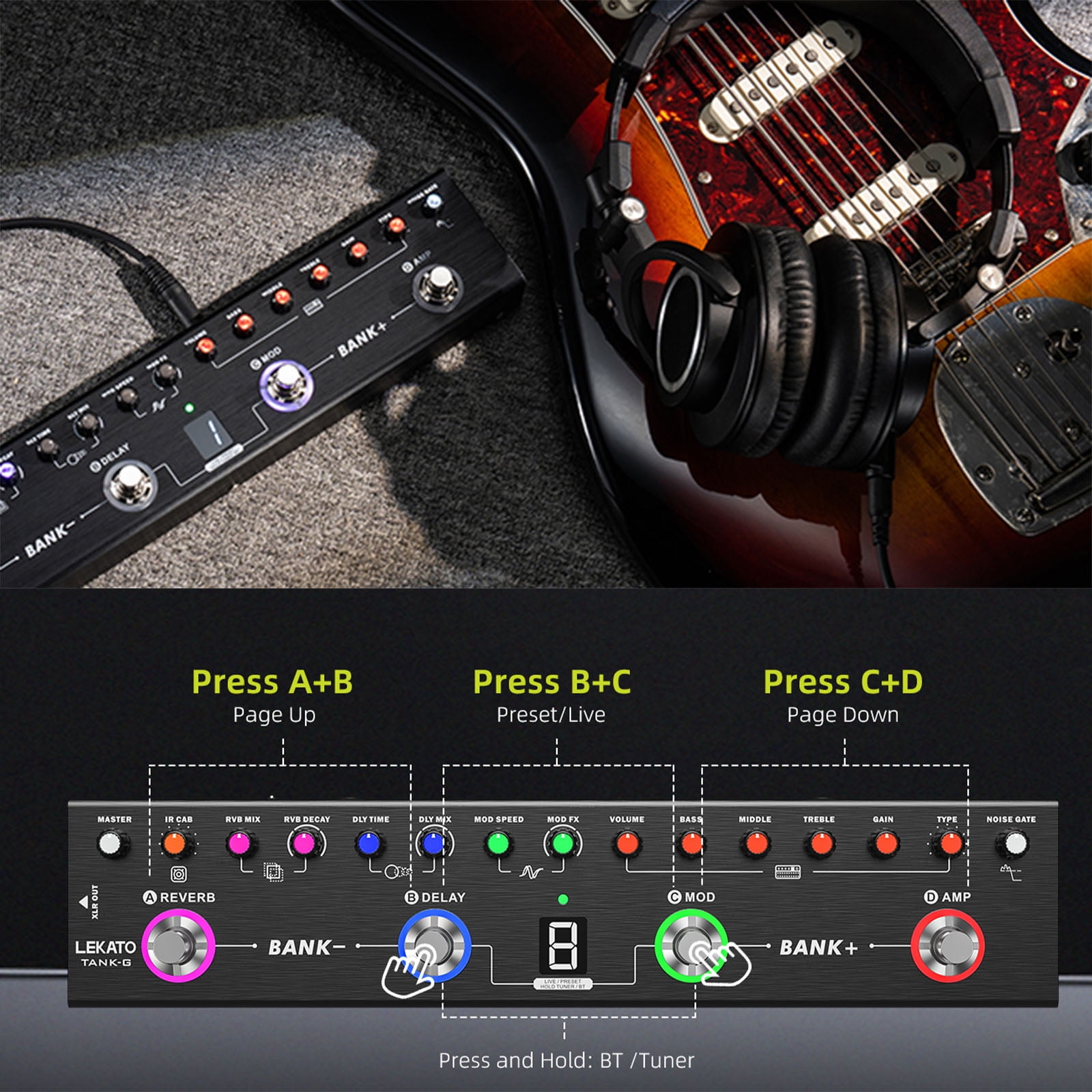 LEKATO Multi Effects Guitar Pedal Guitar Effects Pedal with 36 Presets Editable 4 Modules Amp Chorus Delay Reverb IR CAB Tuner BT Connection Music Recording