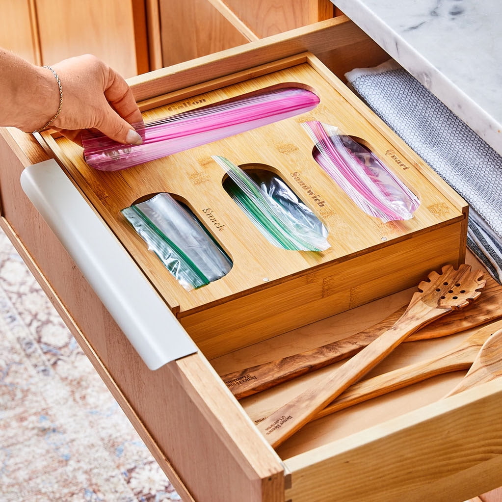 Better Homes and Gardens Bamboo Plastic Bag Storage Drawer Organizer Natural Size 12 inch W x 12 inch D x 3 inch H
