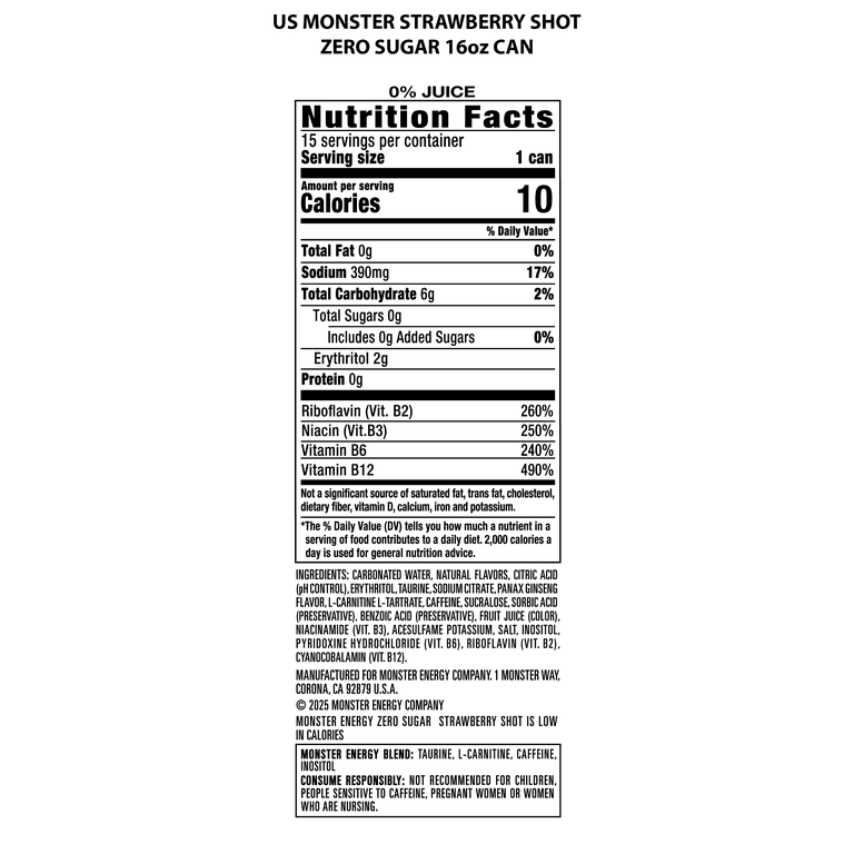 Monster Energy Zero Sugar Strawberry Shot, 16 fl oz, 15 Pack photo 5