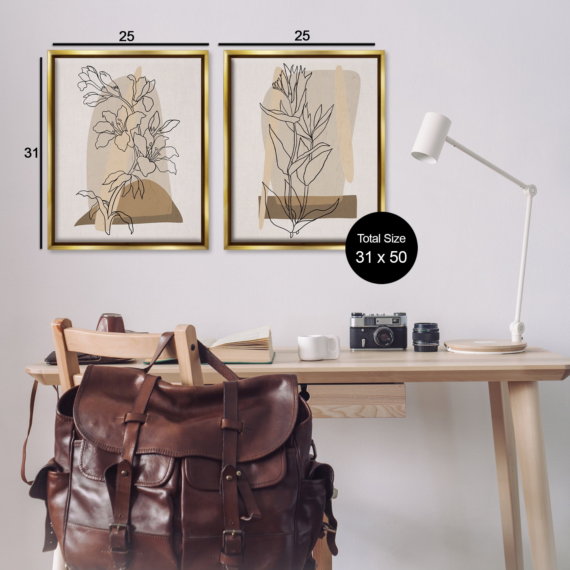 Stupell Industries Natural Flower Outlines Plants & Flowers Painting Gold Floater Framed Canvas Art Print Wall Art, 31 x 25, Set of 2