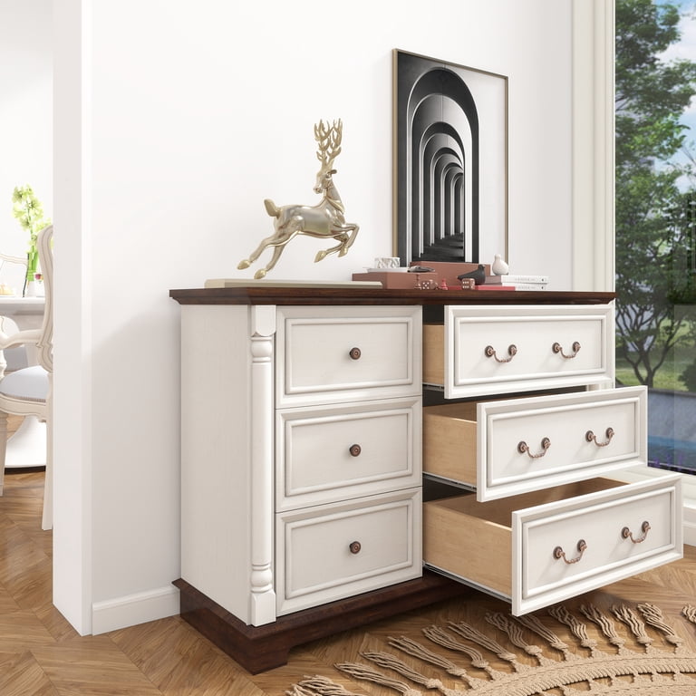HIUU 6 Drawer Dresser Storage Cabinet,Chest of Dresser for Bedroom Living  Room,Walnut Desktop and Off White Wood Grain - Walmart.com