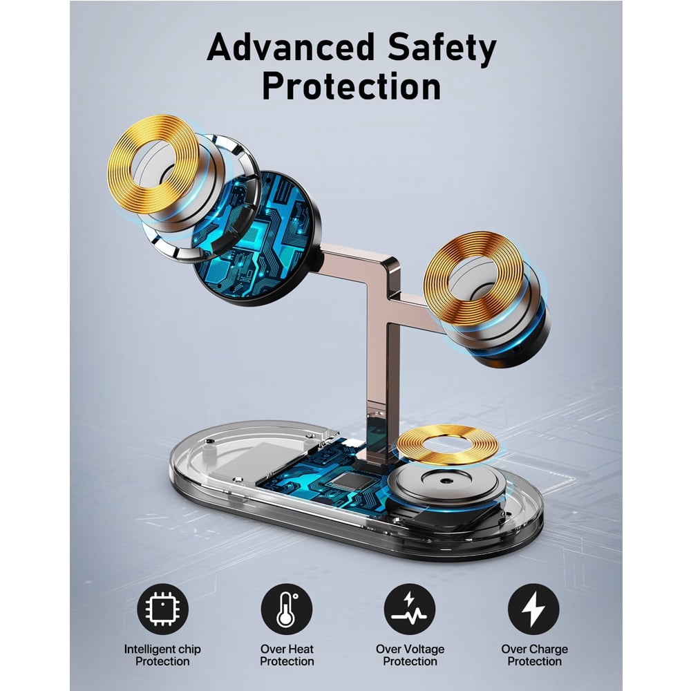 4 in 1 Aluminum Alloy Magnetic Wireless Charger Stand for Charger Stand Sdxps Fast Wireless Charging Station for iPhone 15 14 13/12 Series Apple Watch Airpods with LED Lamp 18W Adapter Black