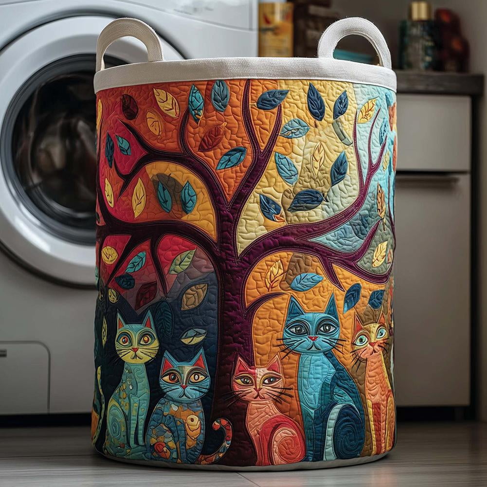 Large Quilted Laundry Basket with Handles, Foldable Boho Cat Floral Hamper for Nursery, Bedroom, Laundry Room - 16" x 22"