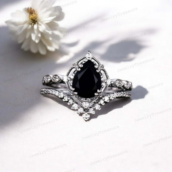 JEWELRYTREASURE 7x5 mm / 1 Ct Pear Cut Black Onyx Engagement Ring Set 925 Sterling Silver Ring Set Art Deco Custom Jewelry Curved CZ Diamond Band Wedding Gift for Her