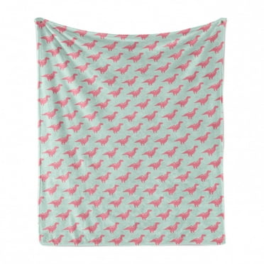 Dinosaur Soft Flannel Fleece Throw Blanket, Childish Pattern of Prehistoric Monster Trex Silhouettes, Cozy Plush for Indoor and Outdoor Use, 60" x 80", Pastel Pink Mint Green, by Ambesonne