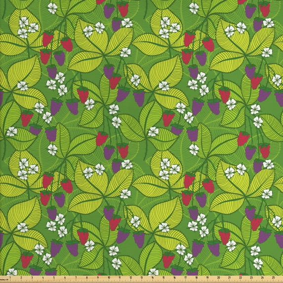 Floral Fabric by the Yard Upholstery, Blooming Berries Flowers and Leaves on Branches, Decorative Fabric for DIY and Home Accents, Lime Green Multicolor by Ambesonne