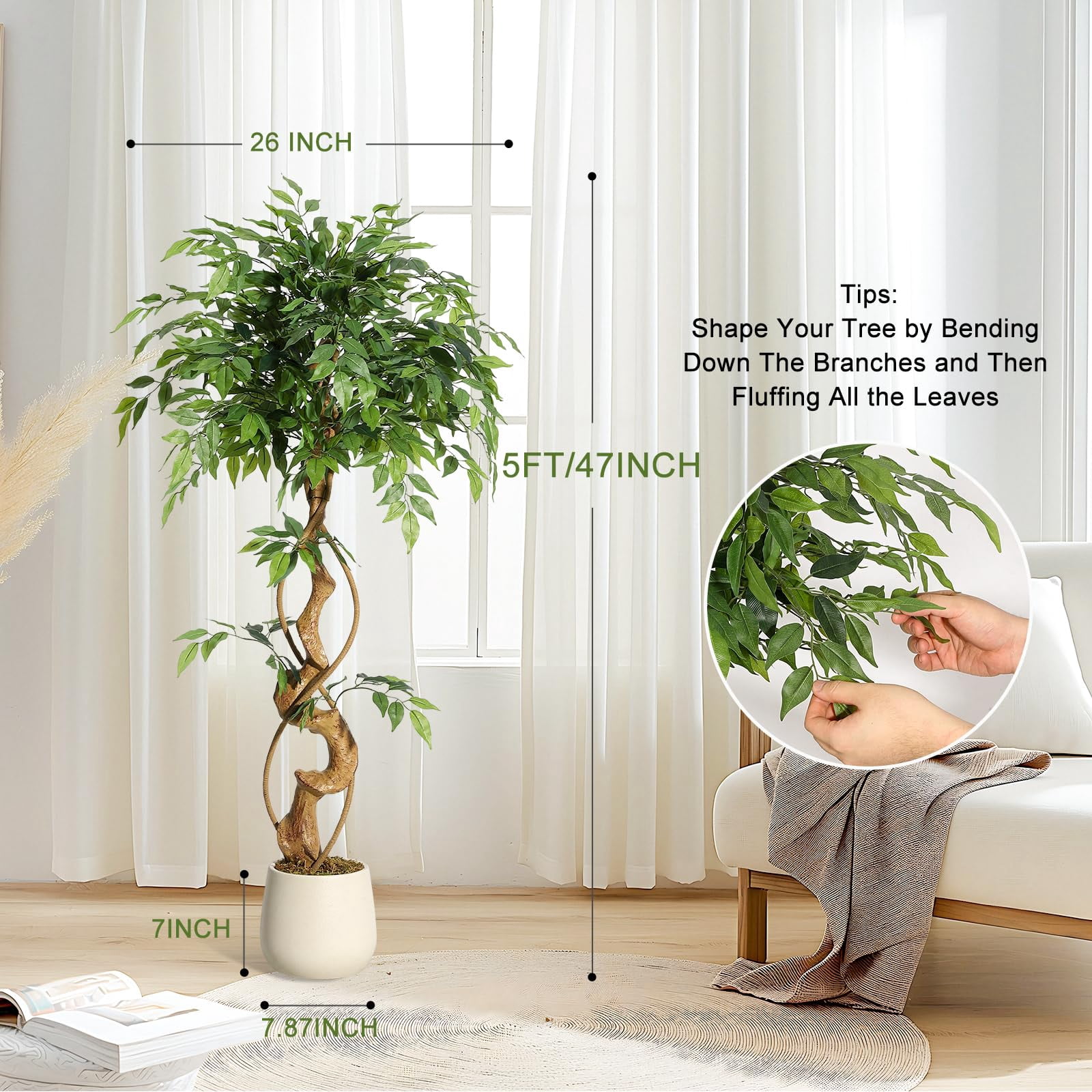 Artificial Ficus Tree 4-6FT with Curved Trunk Real Silk Leaves, Faux Plants in White Pot with Dried Moss for Indoor Home Office Living Room