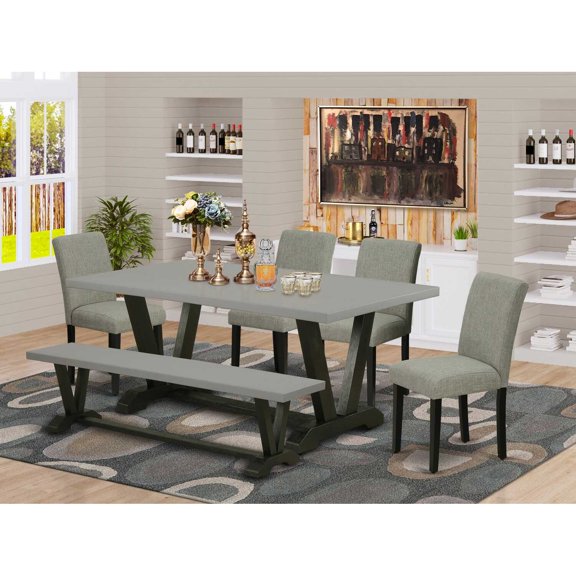 East West Furniture V697AB106-6 6-Pc Dining Room Set - 4 Parson Chairs, a Dining Bench Cement Top and 1 Modern Cement Dining Table Top with High Chair Back - Wire Brushed Black Finish