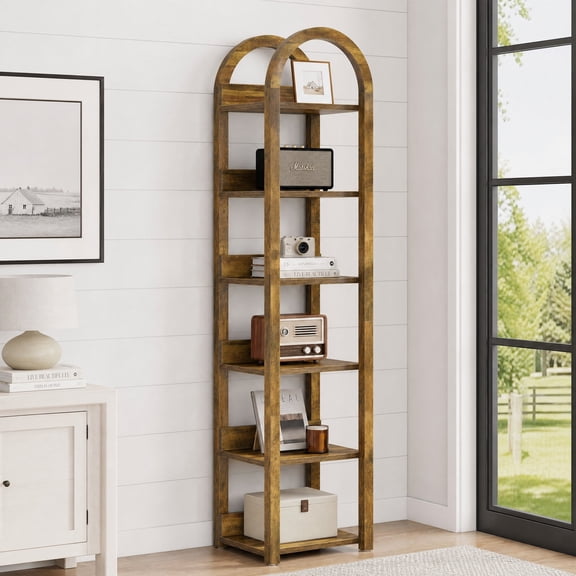 Fnova 71" Tall Narrow Arched Bookshelf, 6-Tier Farmhouse Wooden Bookcase, Display Shelf Rack for Living Room, Home Office, Small Spaces, Rustic Brown
