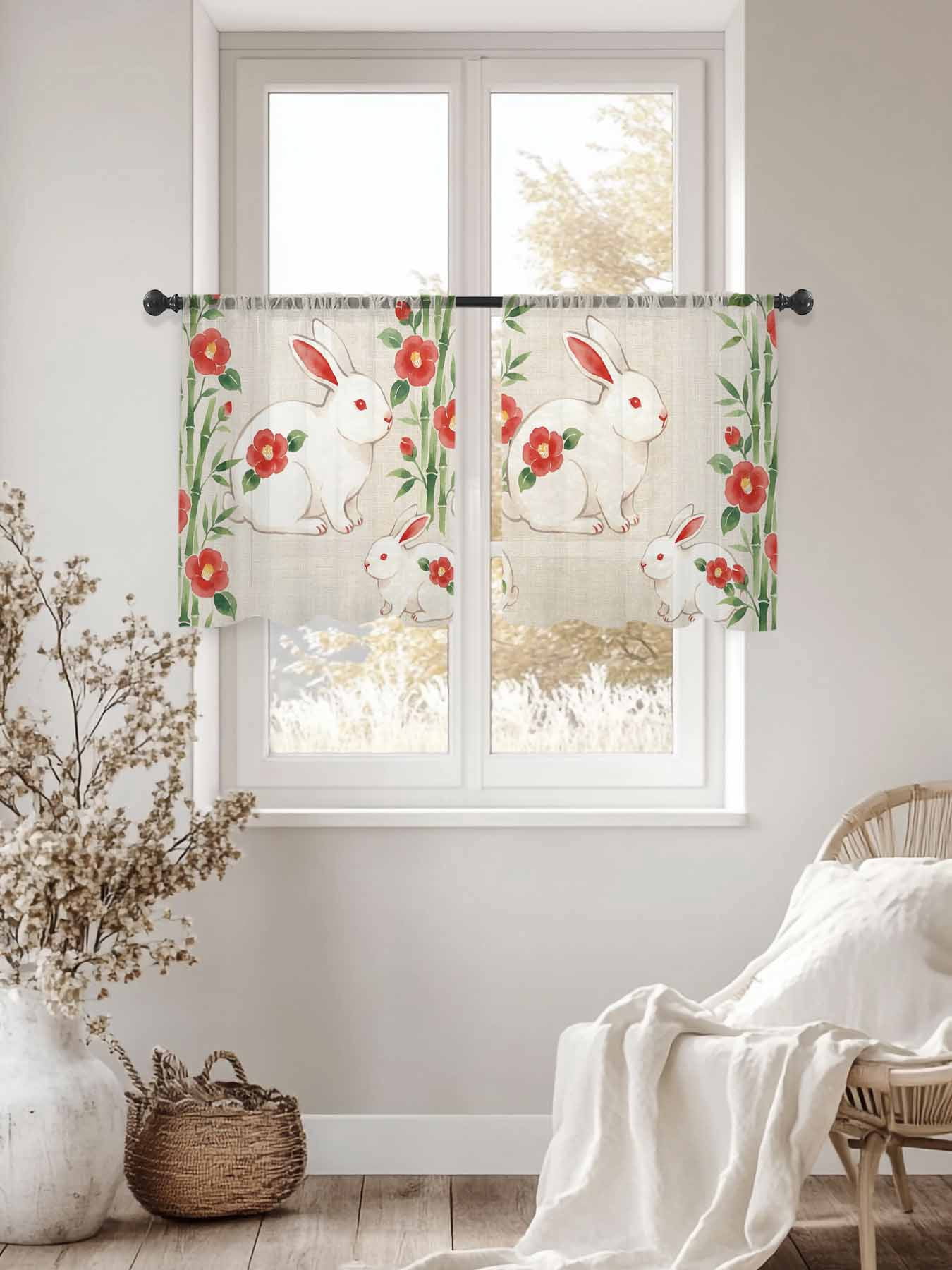 Floral Rabbits Sheer Curtains 2 Panels Set Japanese Red Floral Rabbit Linen Texture Sheer Window Curtains Light Filtering Rod Pocket Voile Drapes for Bedroom Living Room 52"x54"