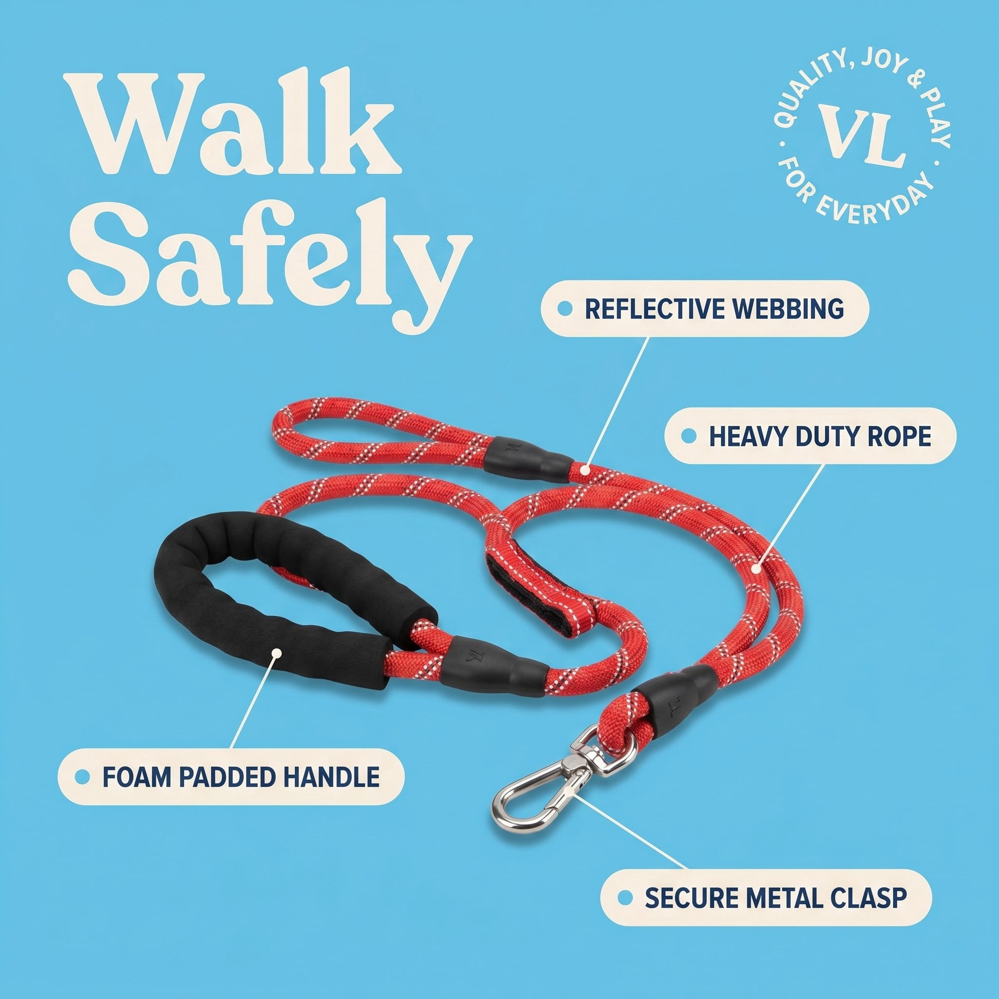 Vibrant Life 6' Reflective Rope Leash, Red and White, L