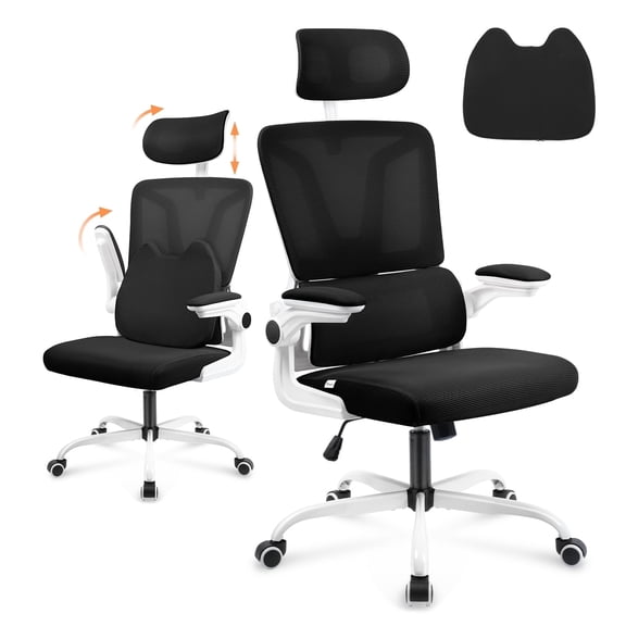 SOONTRANS Ergonomic Mesh Office Chair, High Back Computer Desk Chair with Lumbar Support Flip-up Armrests, Adjustable Arms & Headrest, Black