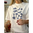 thumbnail image 2 of Women'S Vintage Sea Life Print T-Shirt, 100% Polyester Crew Neck, Geometric Pattern, Regular Length, Summer Knit Fabric Top, 200g/m², 2 of 7